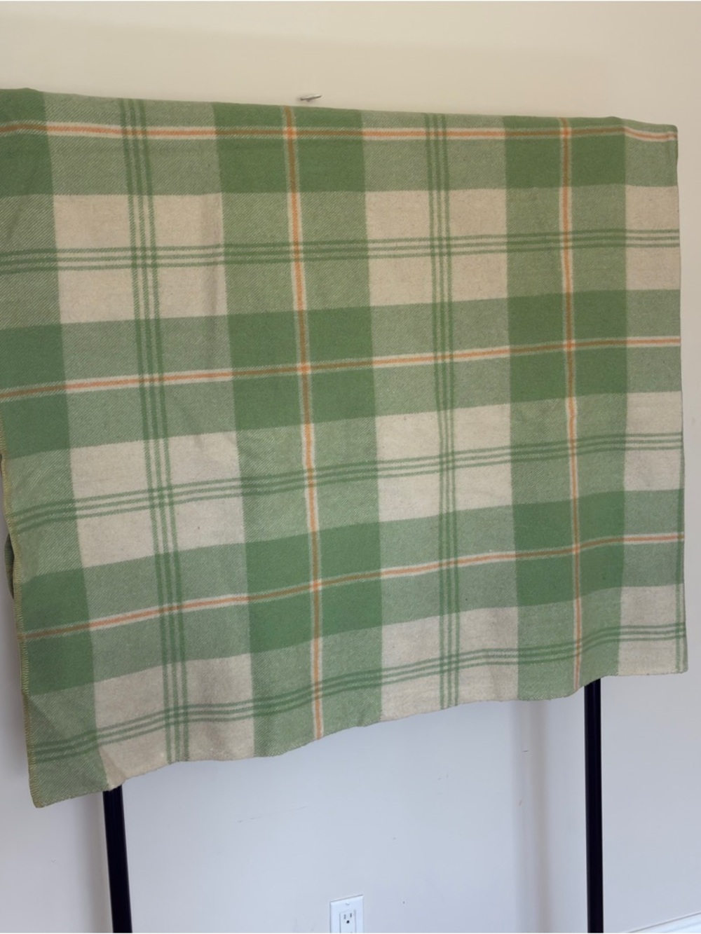 Vintage Wool Blanket Green Plaid 86x70 Twin Size